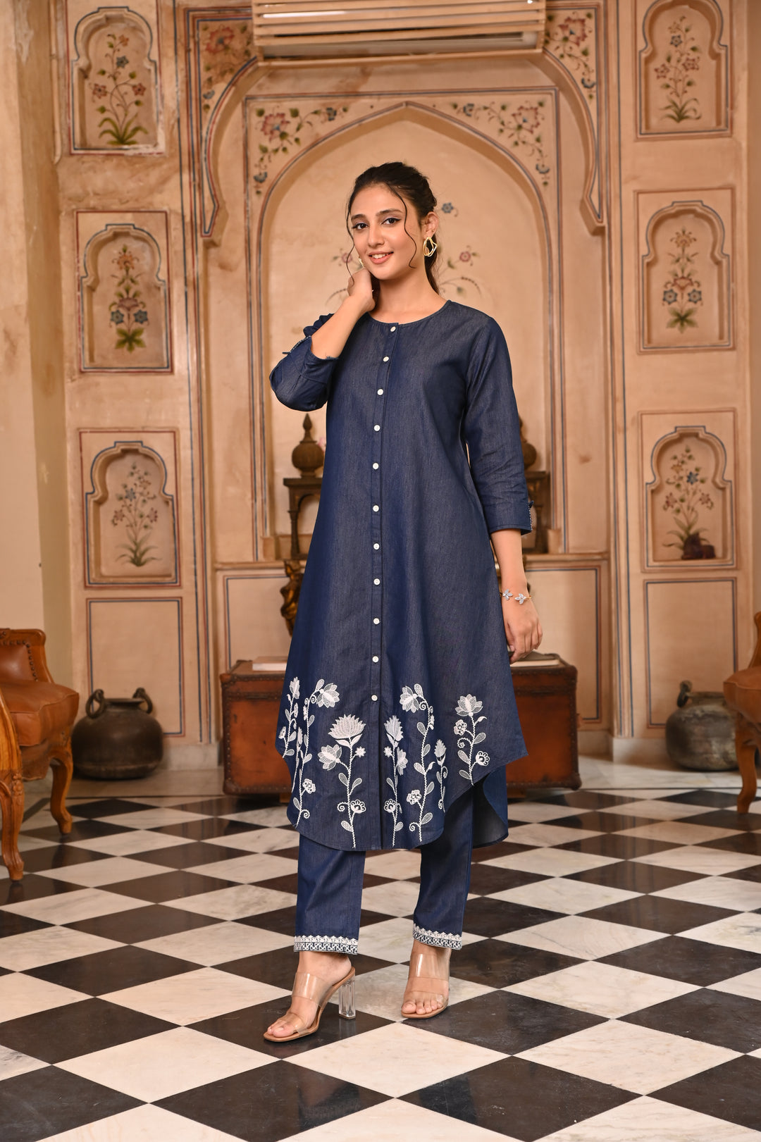 Dark Blue Denim Button Closure Designer Kurta