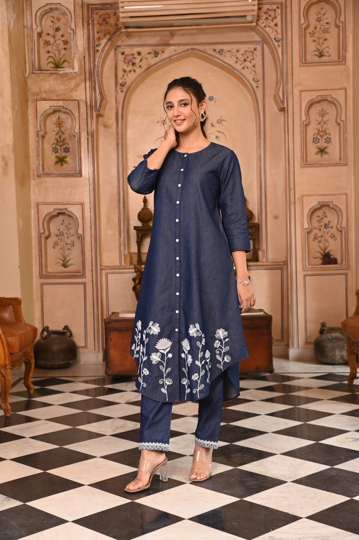 Dark Blue Denim Button Closure Designer Kurta