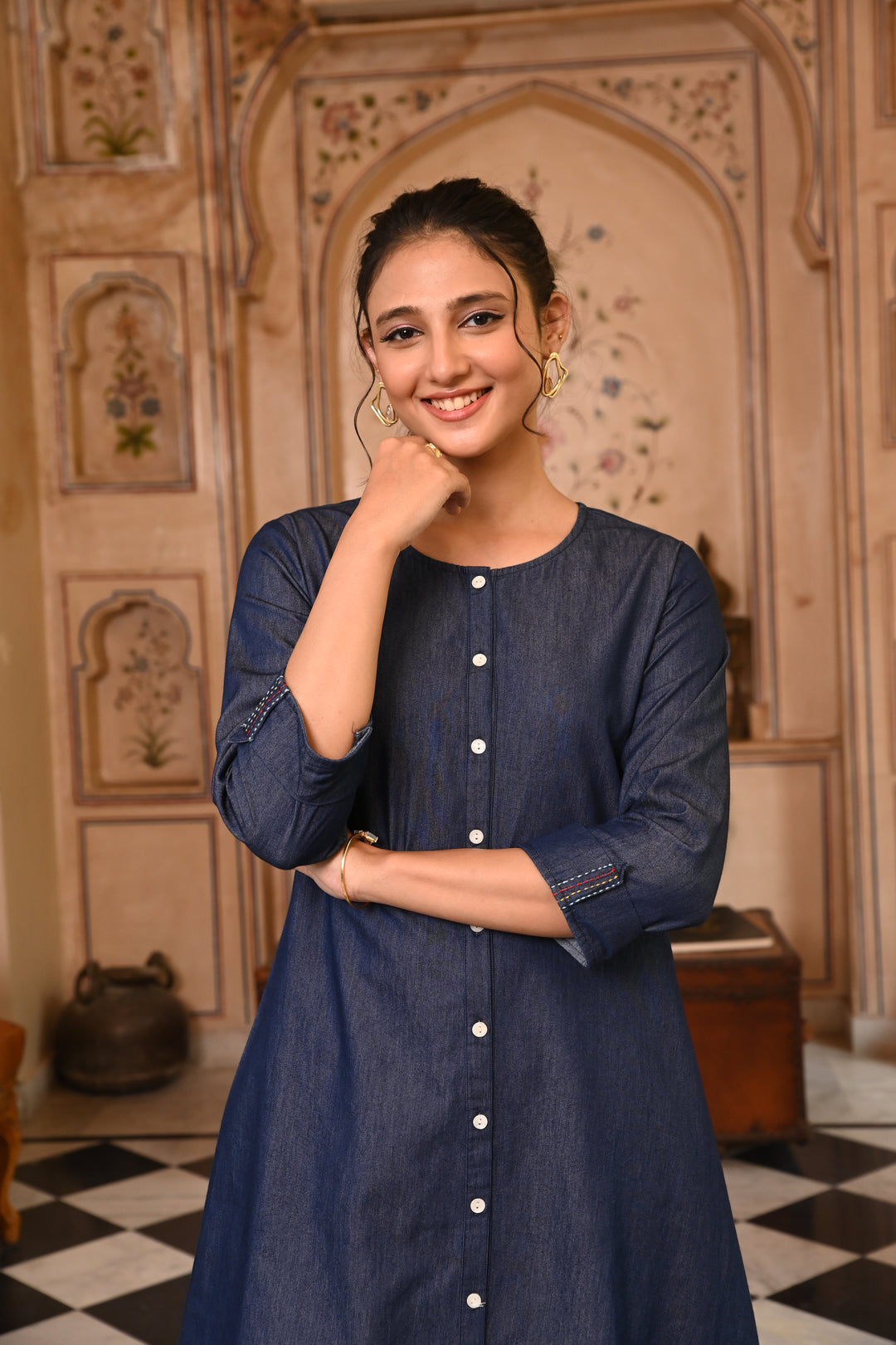 Dark Blue Denim Button Closure Designer Kurta