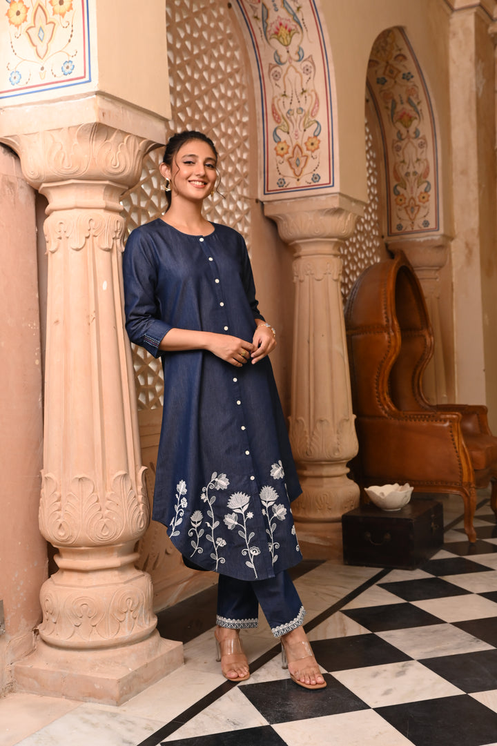 Dark Blue Denim Button Closure Designer Kurta