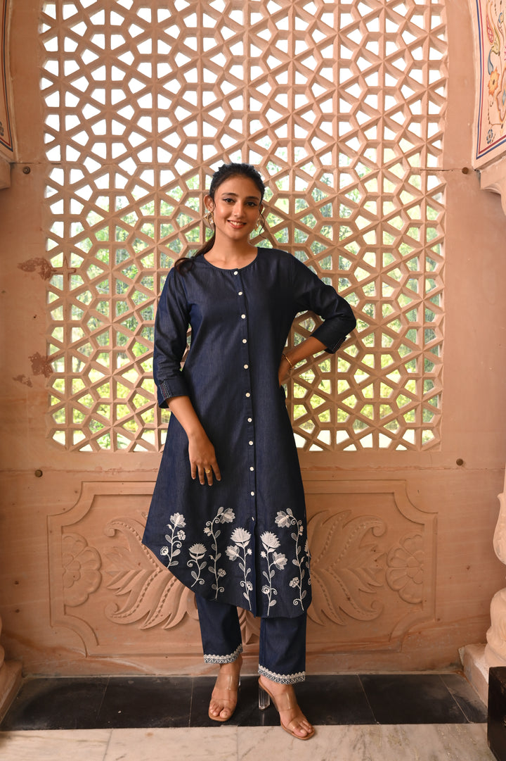 Dark Blue Denim Button Closure Designer Kurta