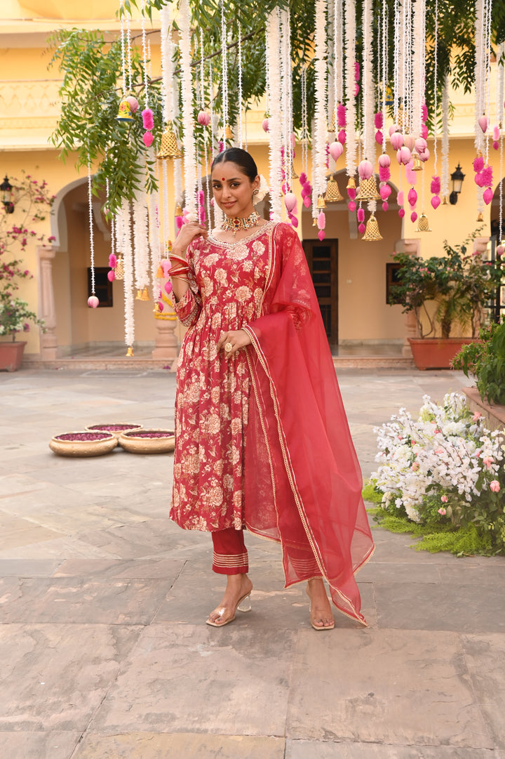 Red Embroidered Gathered Kurta Pant Set With Dupatta