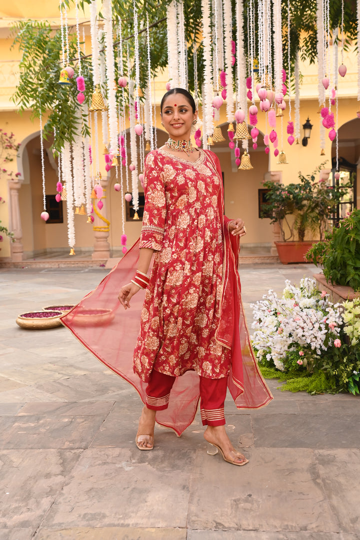 Red Embroidered Gathered Kurta Pant Set With Dupatta