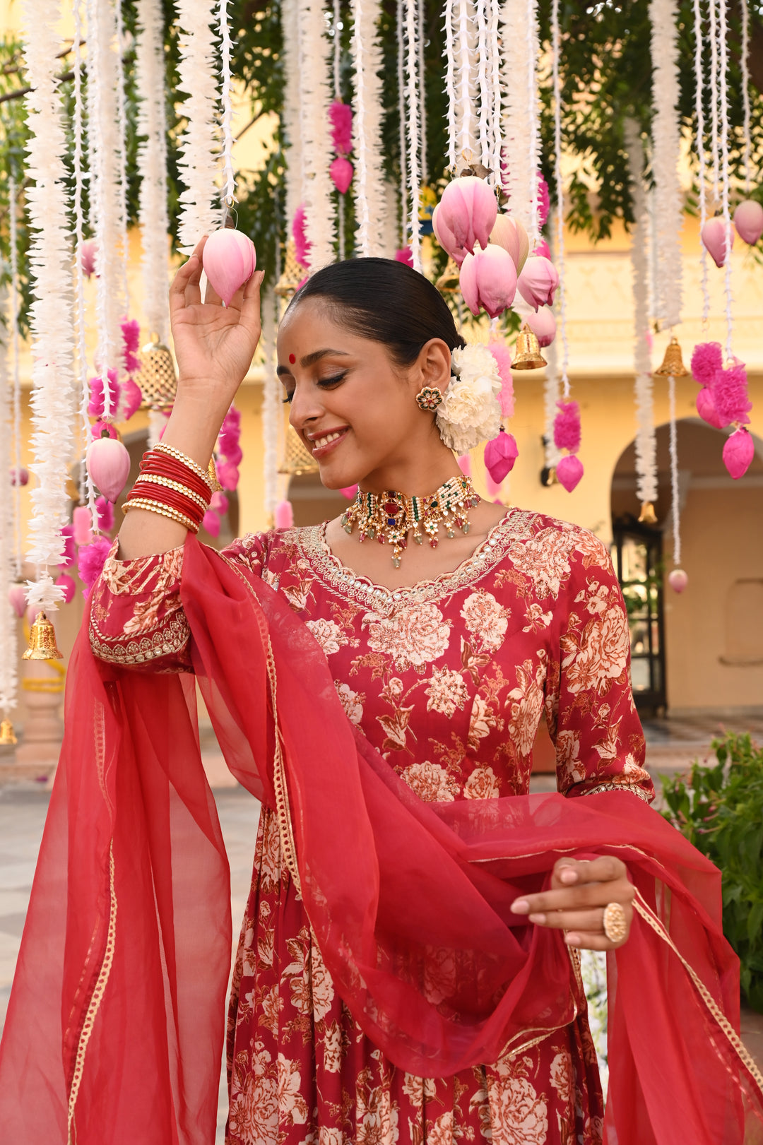 Red Embroidered Gathered Kurta Pant Set With Dupatta