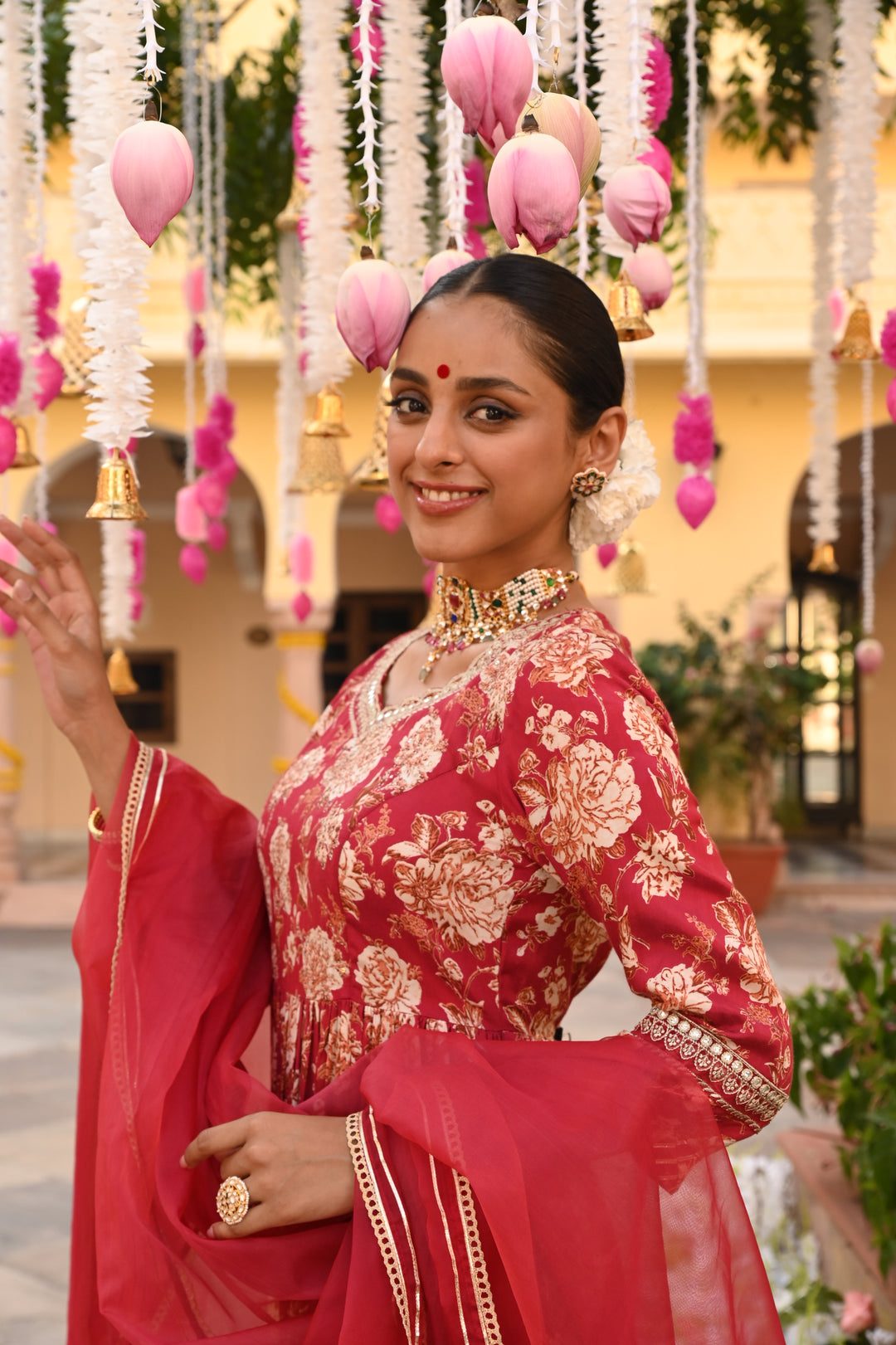 Red Embroidered Gathered Kurta Pant Set With Dupatta