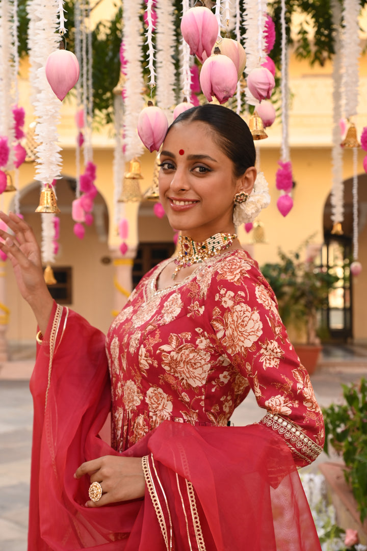 Red Embroidered Gathered Kurta Pant Set With Dupatta