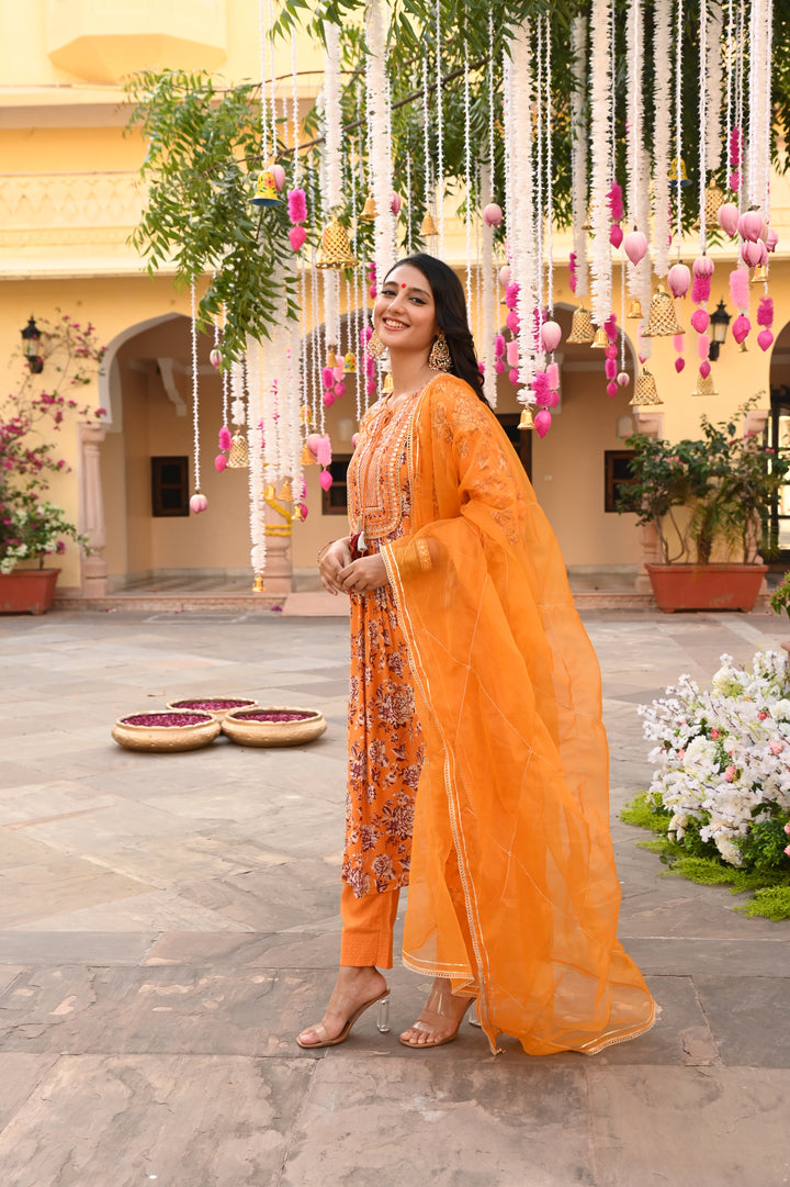 Yellow Embroidered Festive A-Line Kurta Pant Set With Dupatta