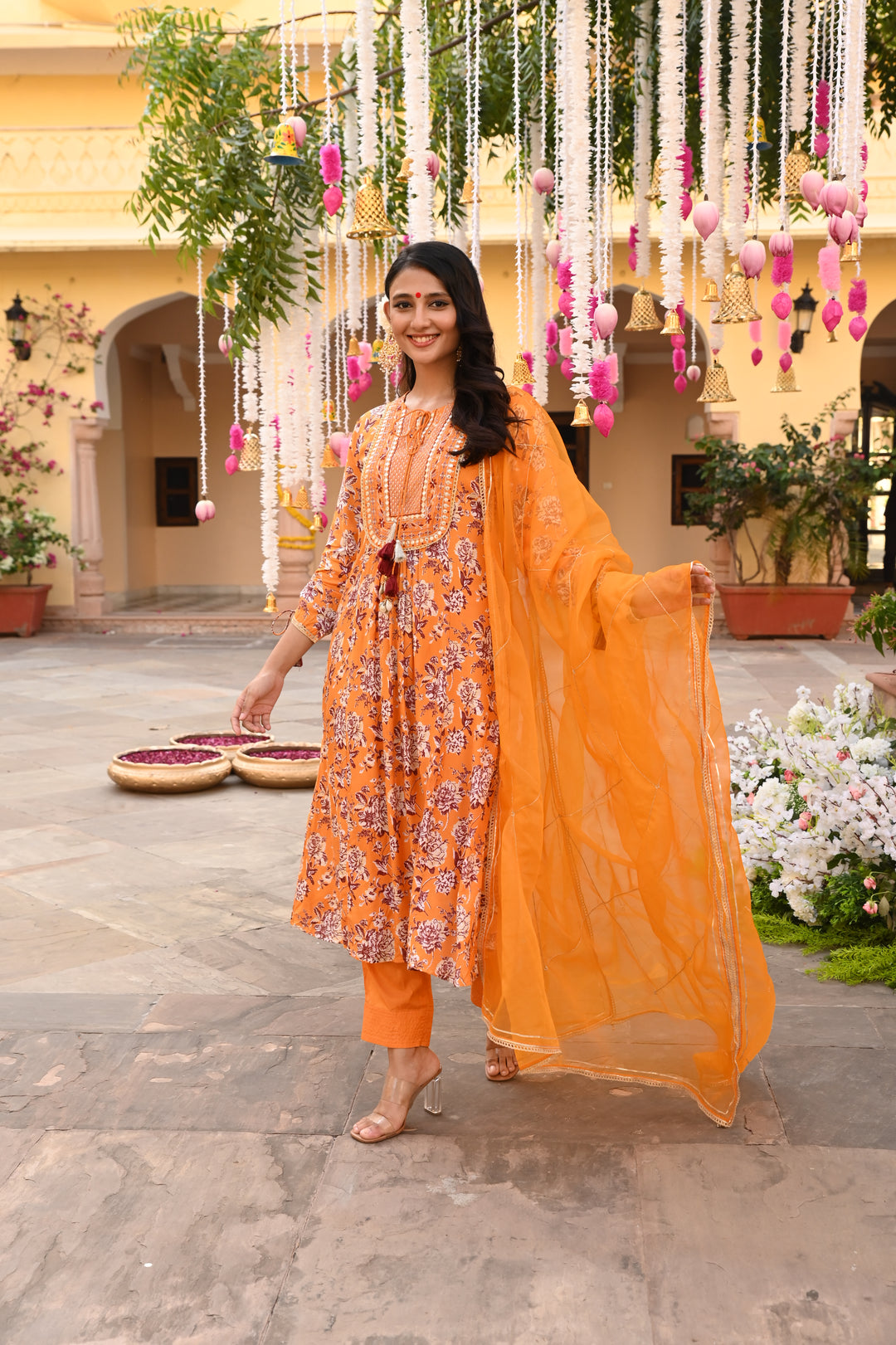 Yellow Embroidered Festive A-Line Kurta Pant Set With Dupatta