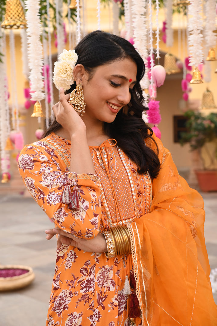 Yellow Embroidered Festive A-Line Kurta Pant Set With Dupatta