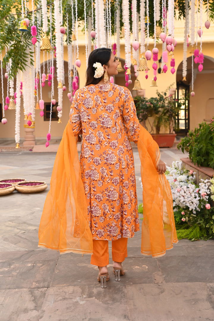 Yellow Embroidered Festive A-Line Kurta Pant Set With Dupatta