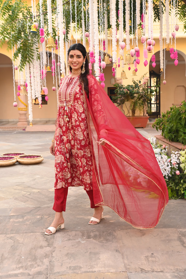 Maroon Embroidered Festive A-Line Kurta Pant Set With Dupatta