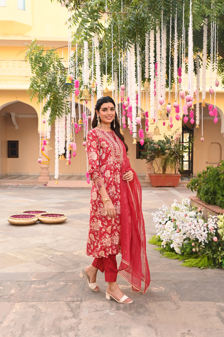Maroon Embroidered Festive A-Line Kurta Pant Set With Dupatta