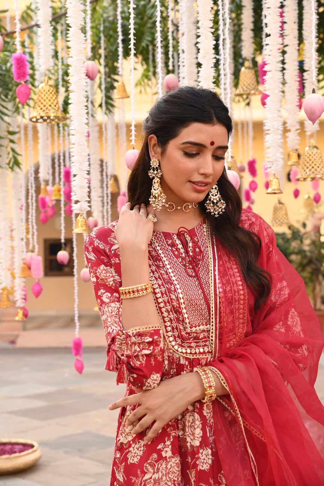 Maroon Embroidered Festive A-Line Kurta Pant Set With Dupatta