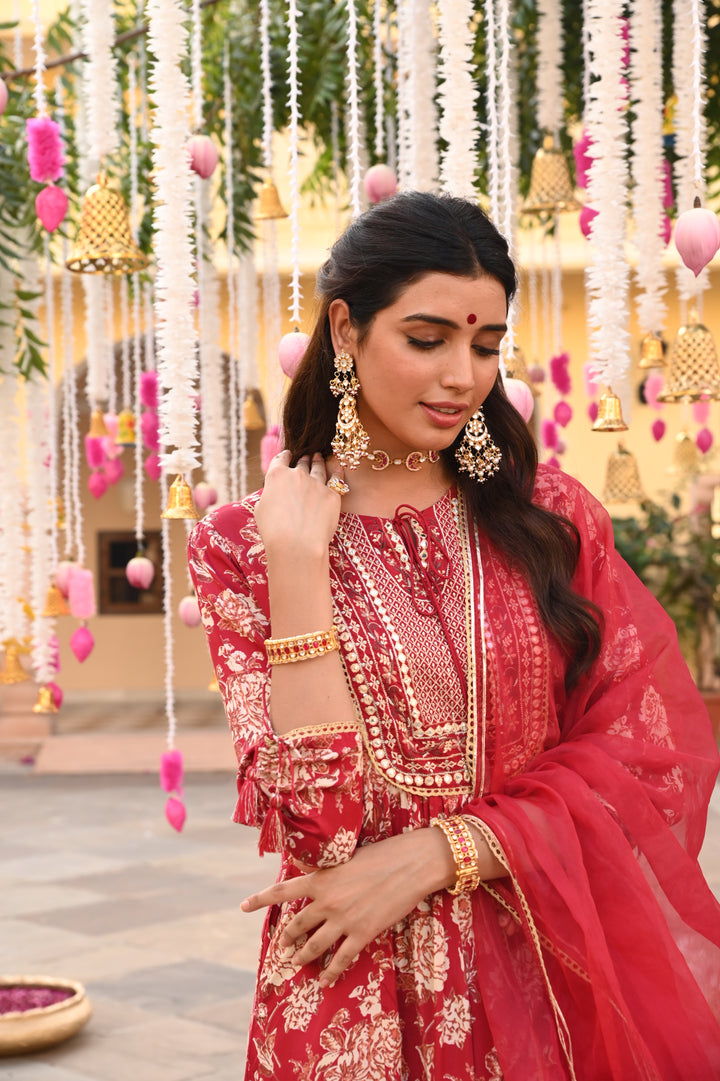 Maroon Embroidered Festive A-Line Kurta Pant Set With Dupatta