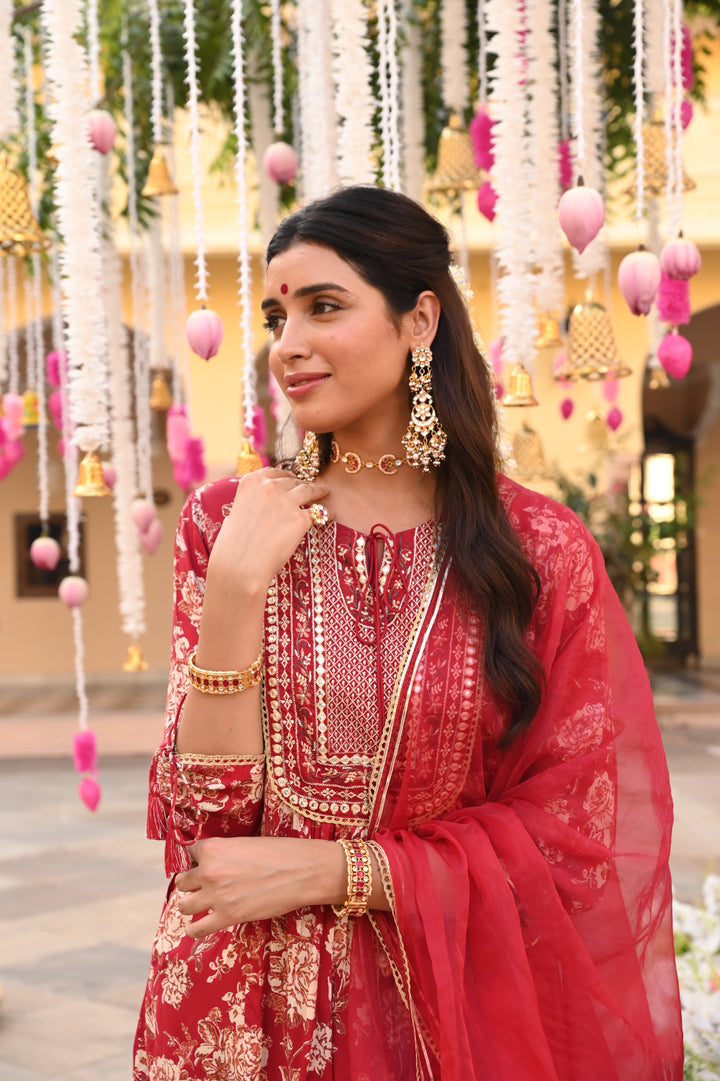Maroon Embroidered Festive A-Line Kurta Pant Set With Dupatta