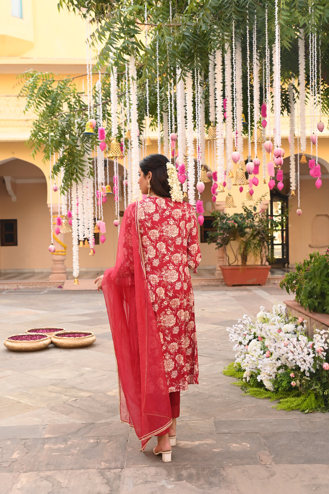 Maroon Embroidered Festive A-Line Kurta Pant Set With Dupatta