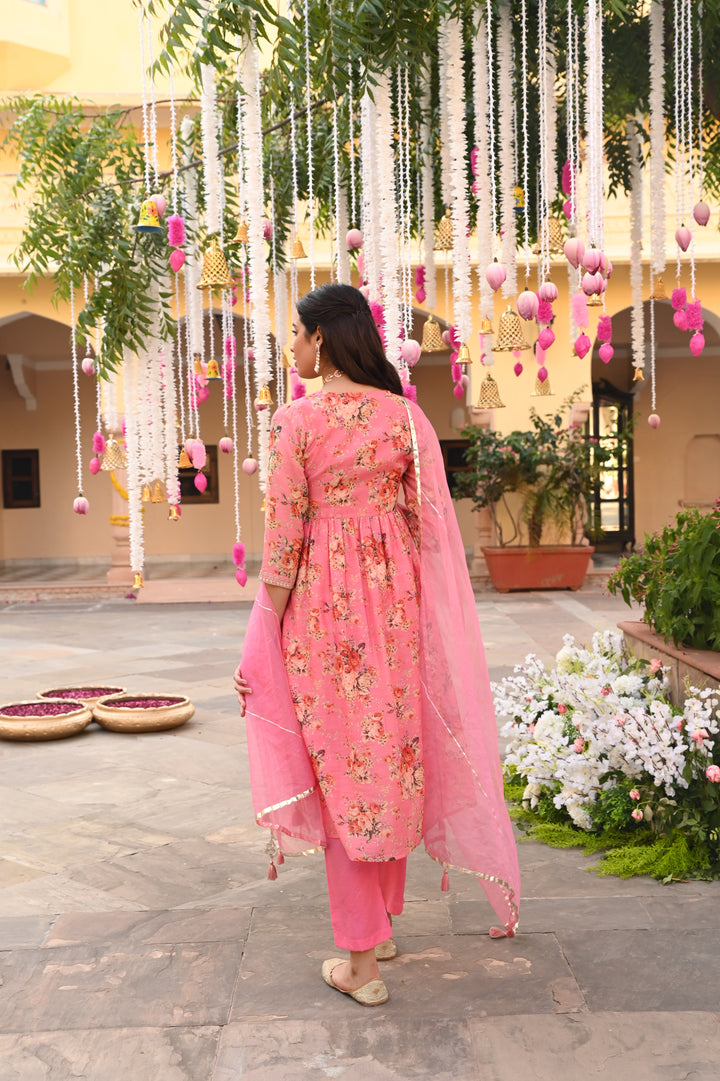 Pink Chanderi Gathered Kurta Pant Set With Dupatta