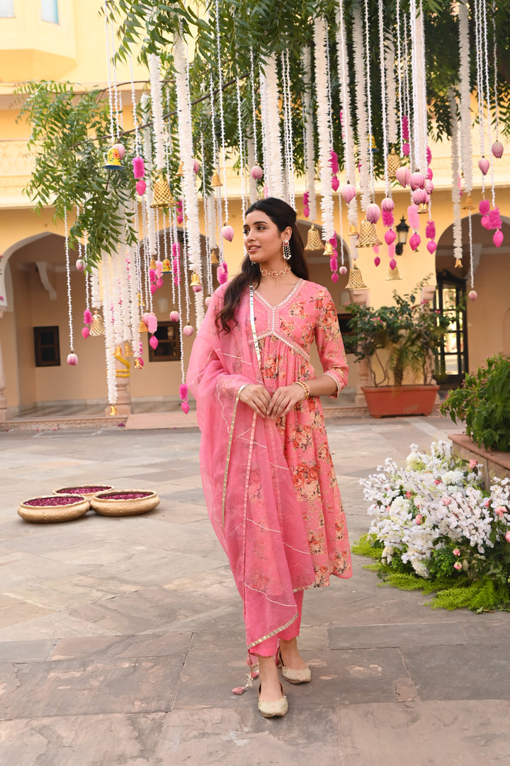 Pink Chanderi Gathered Kurta Pant Set With Dupatta