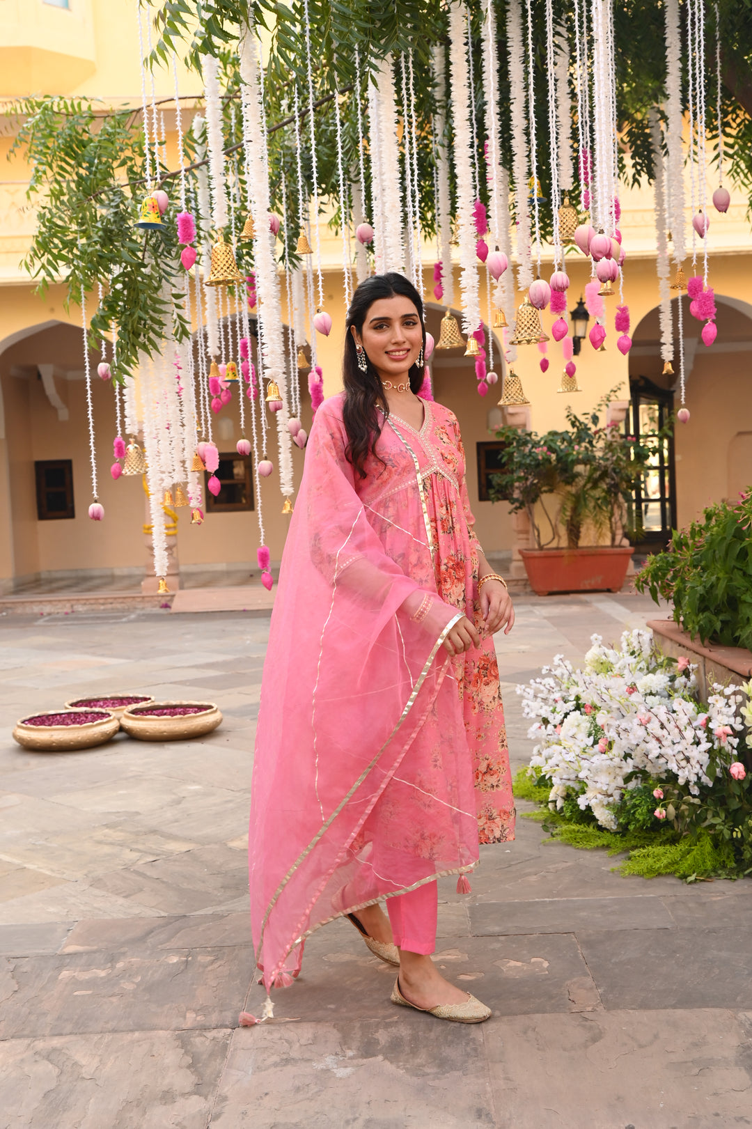 Pink Chanderi Gathered Kurta Pant Set With Dupatta