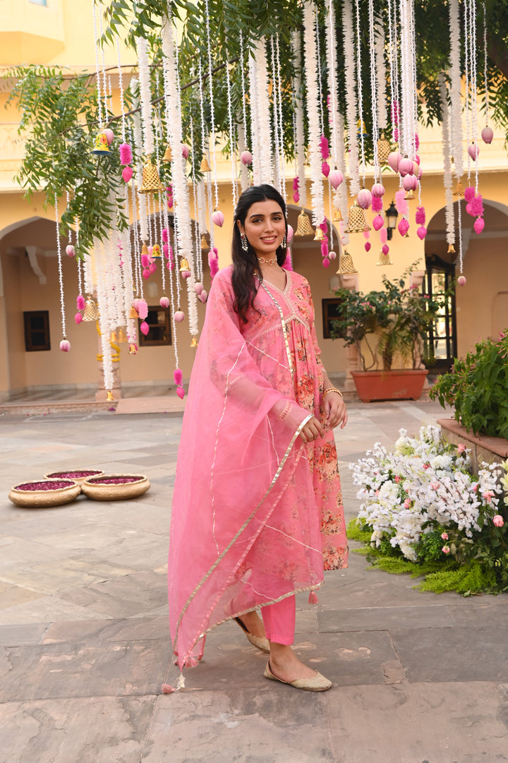 Pink Chanderi Gathered Kurta Pant Set With Dupatta