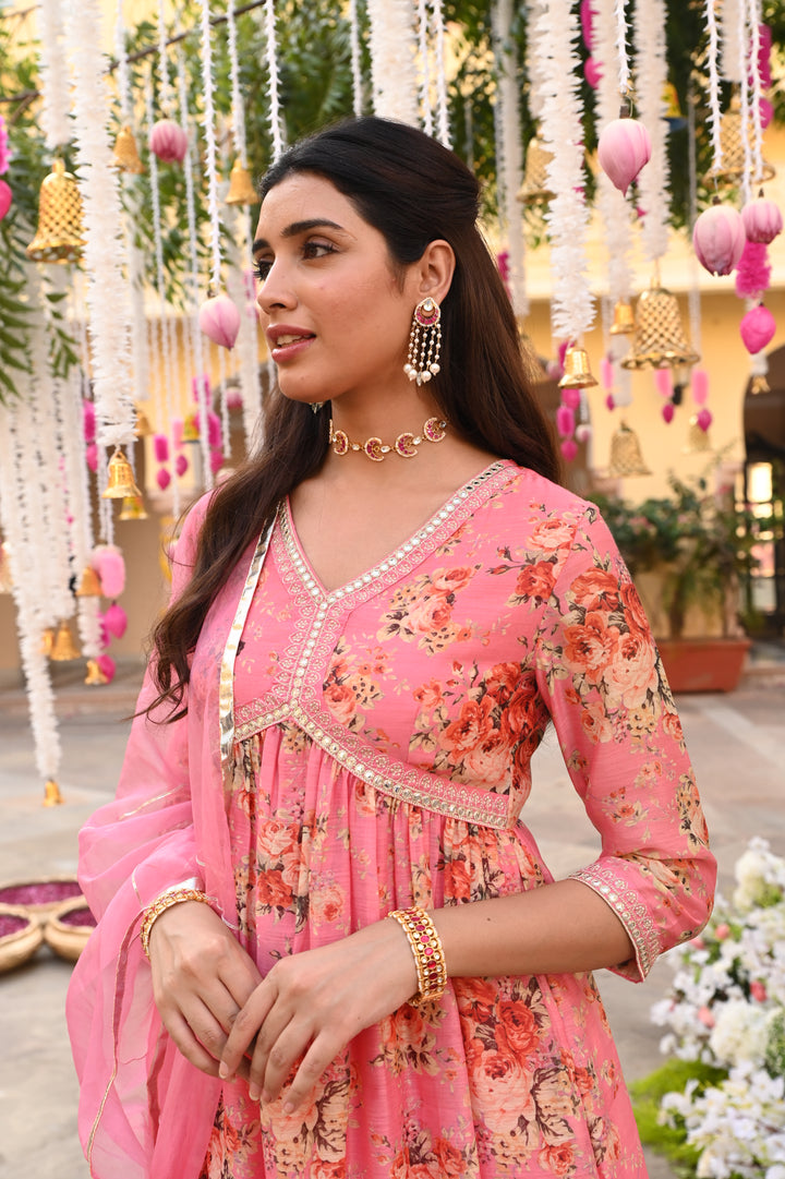 Pink Chanderi Gathered Kurta Pant Set With Dupatta