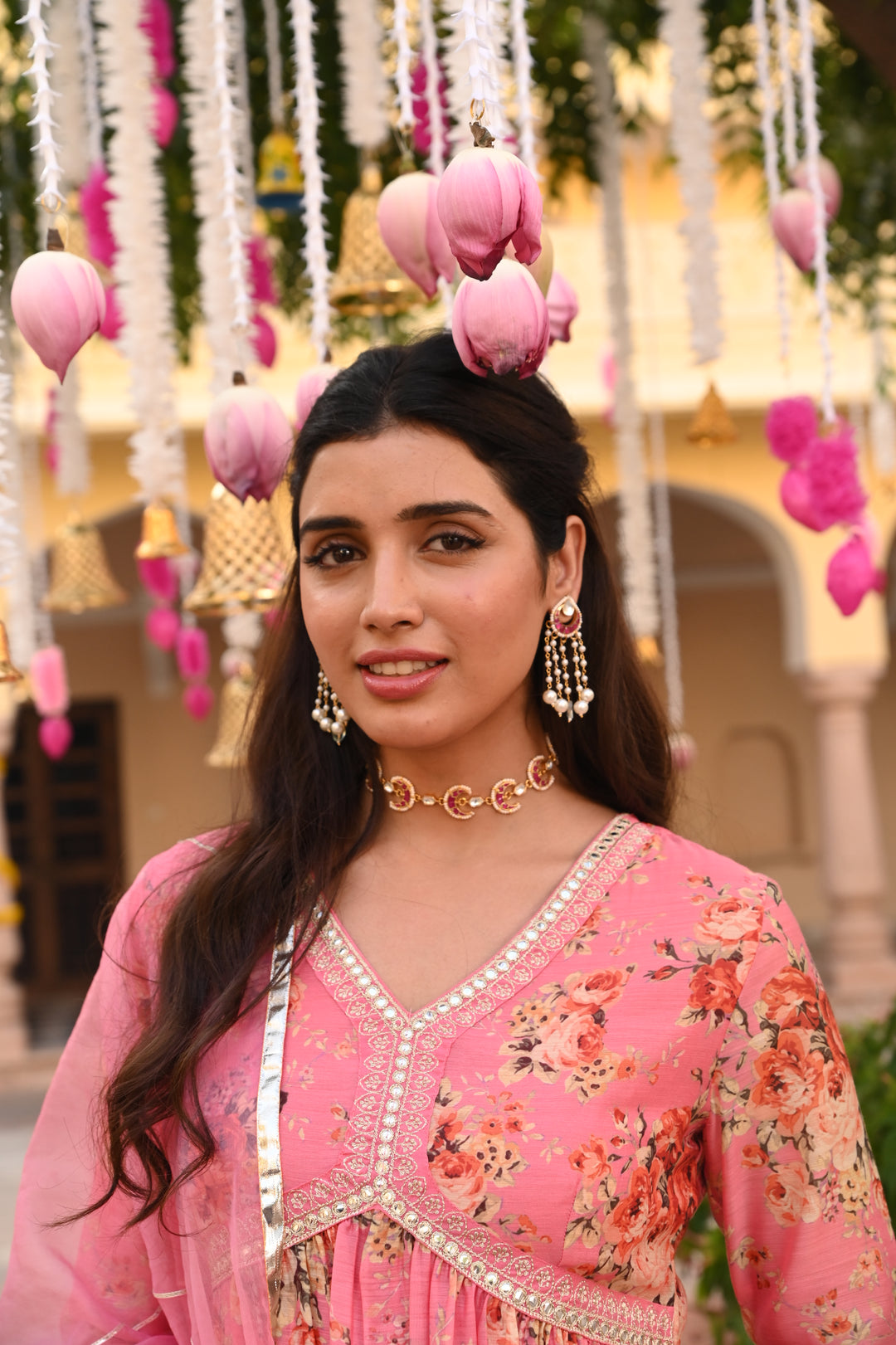 Pink Chanderi Gathered Kurta Pant Set With Dupatta