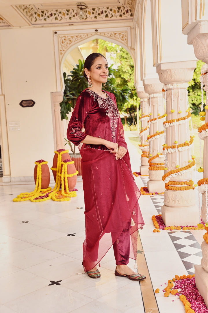 Wine Zari Embroidered Velvet Designer Straight Kurta Pant Set With Dupatta