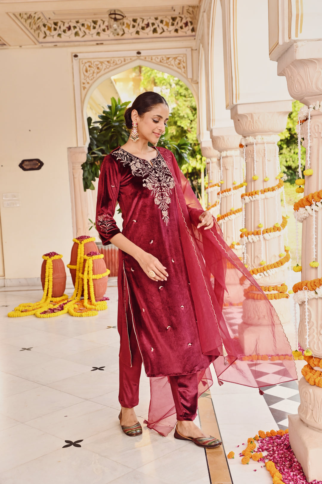 Wine Zari Embroidered Velvet Designer Straight Kurta Pant Set With Dupatta