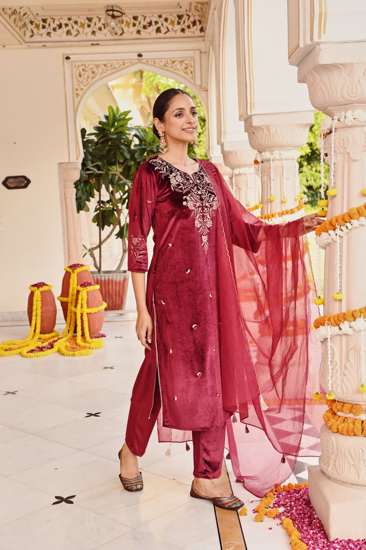 Wine Zari Embroidered Velvet Designer Straight Kurta Pant Set With Dupatta
