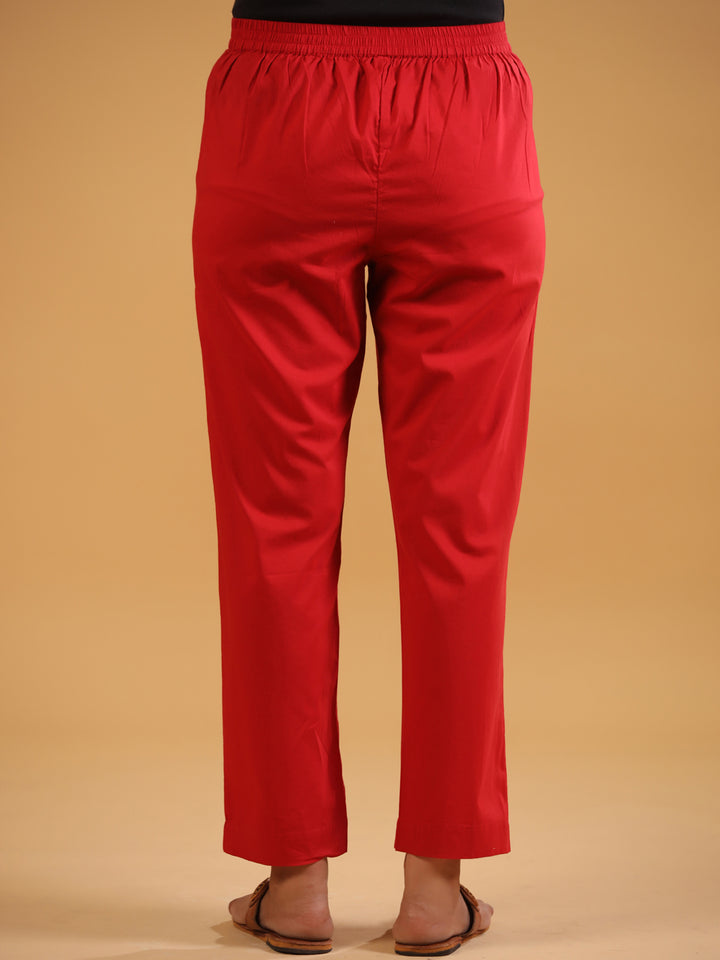 Red Cotton Solid Straight Pant