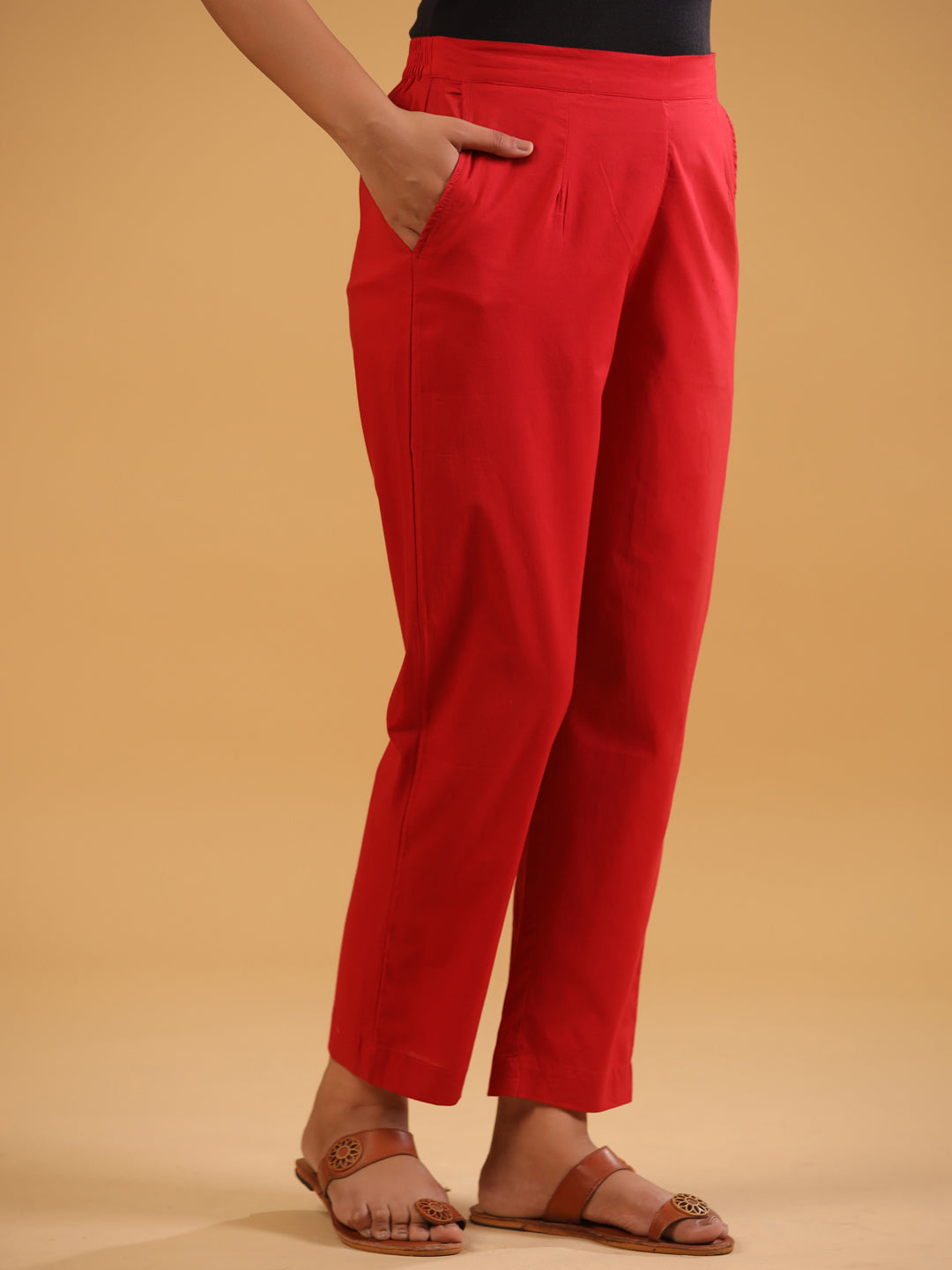 Red Cotton Solid Straight Pant