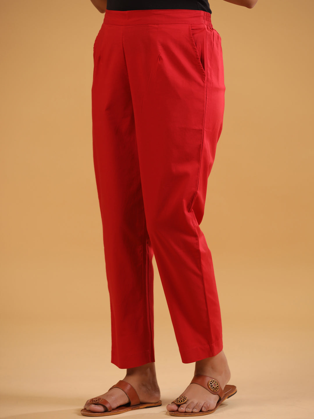 Red Cotton Solid Straight Pant