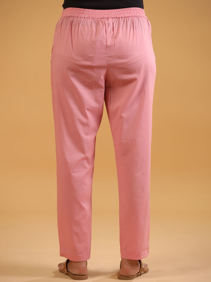 Pink Cotton Solid Straight Pant