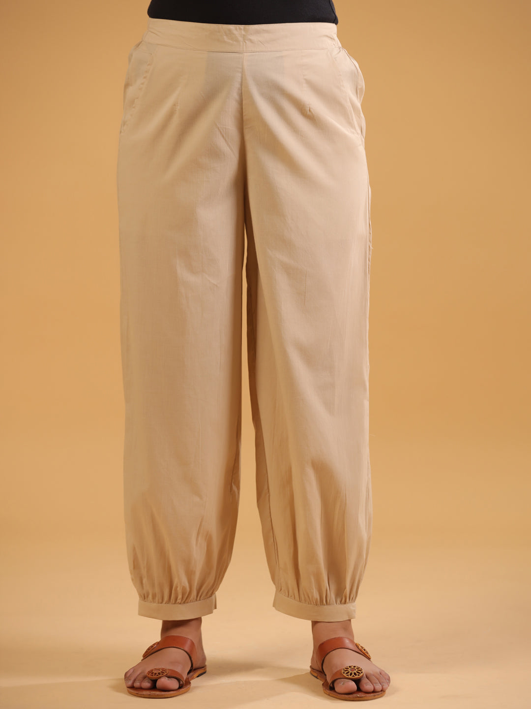 Beige Cotton Solid Patiala Pant