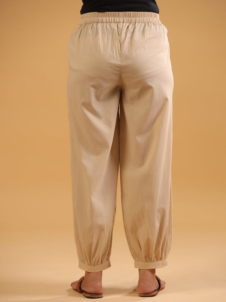 Beige Cotton Solid Patiala Pant