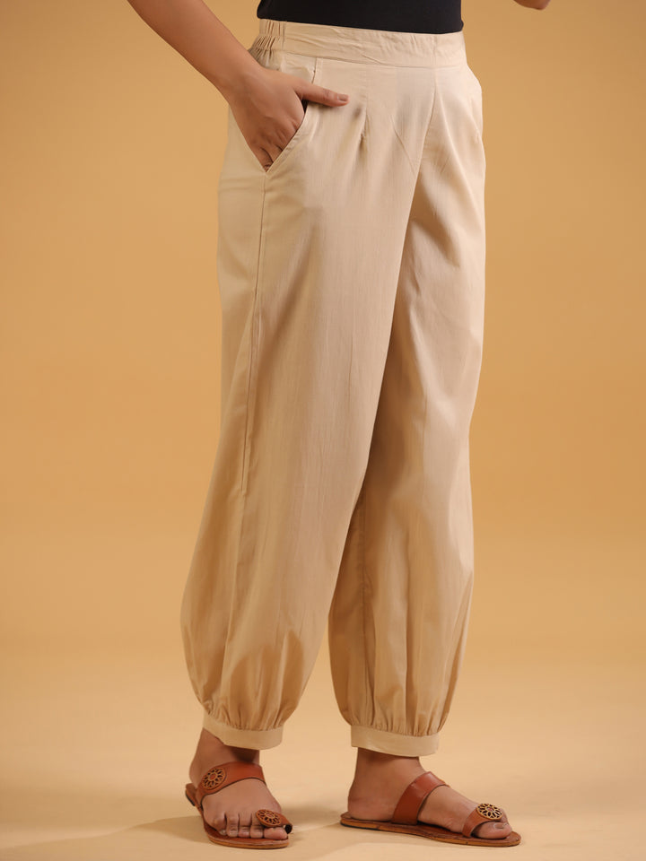 Beige Cotton Solid Patiala Pant