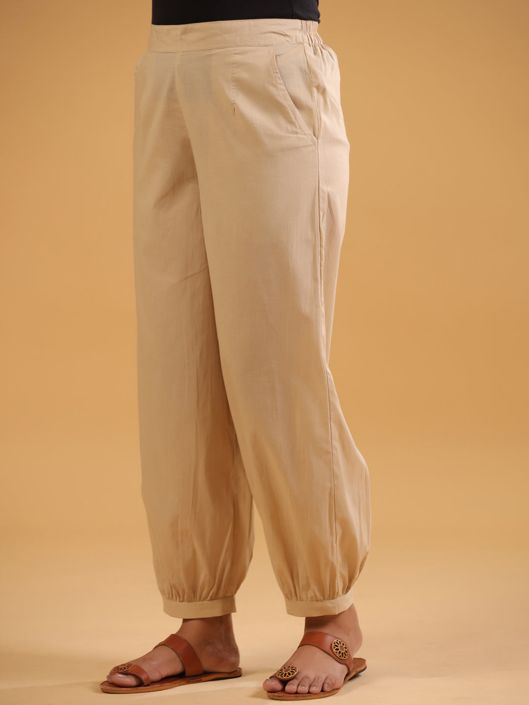 Beige Cotton Solid Patiala Pant