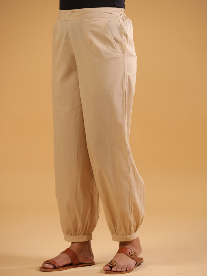 Beige Cotton Solid Patiala Pant