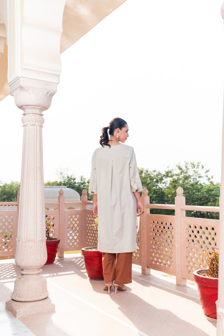 Beige Cotton Embroidered Loose Fit Stylish Co-Ord Set