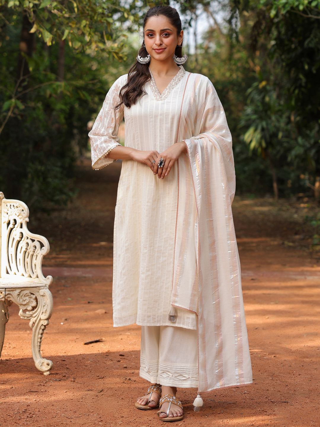 Off-White Cotton Lurex Embroidered Kurta Pant Set with Dupatta
