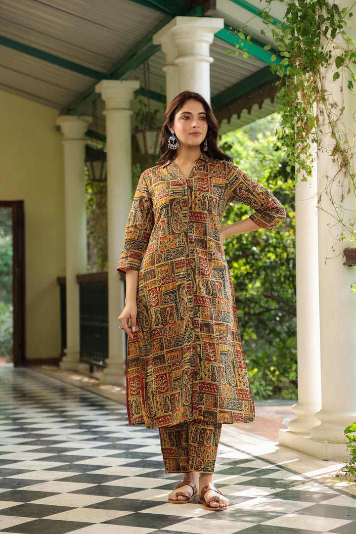 Multicolor Cotton Printed Shirt Collar Kurta Pant Set