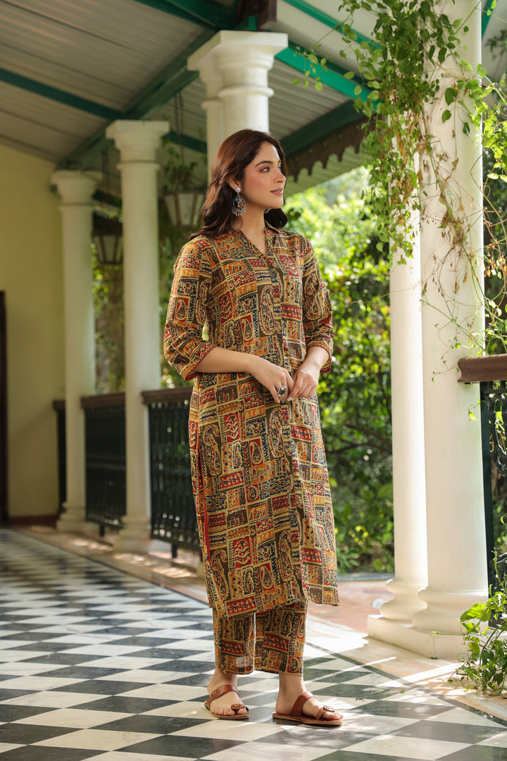 Multicolor Cotton Printed Shirt Collar Kurta Pant Set