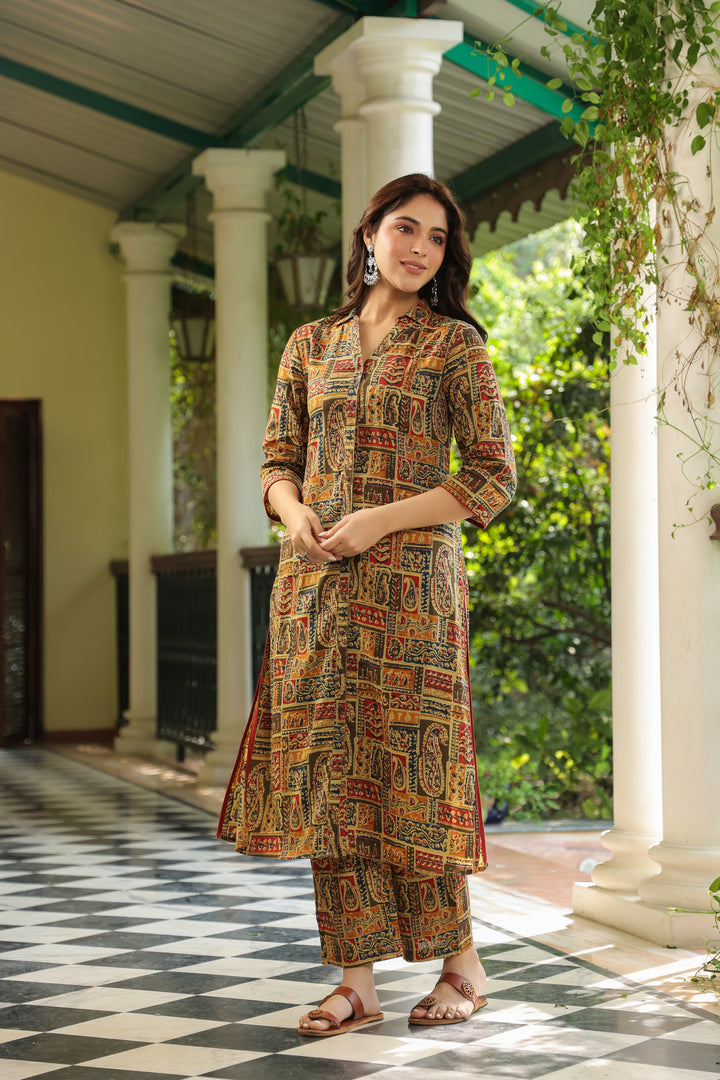 Multicolor Cotton Printed Shirt Collar Kurta Pant Set