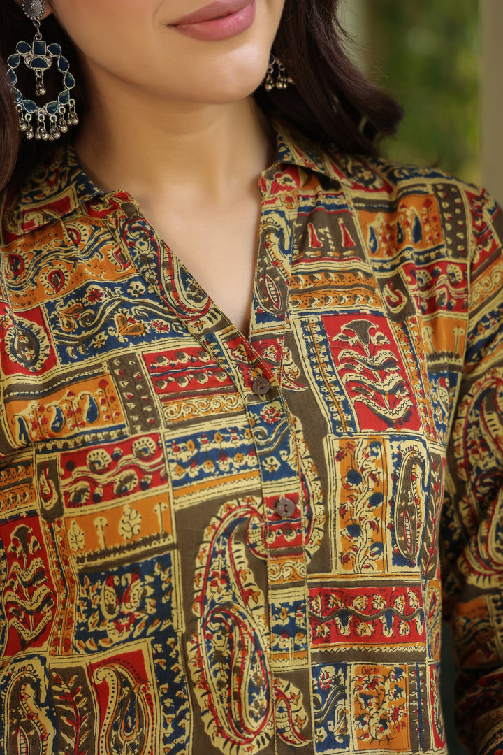 Multicolor Cotton Printed Shirt Collar Kurta Pant Set