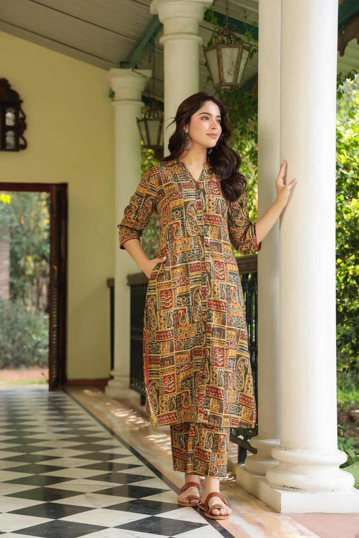 Multicolor Cotton Printed Shirt Collar Kurta Pant Set