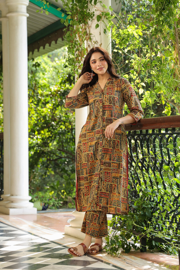Multicolor Cotton Printed Shirt Collar Kurta Pant Set