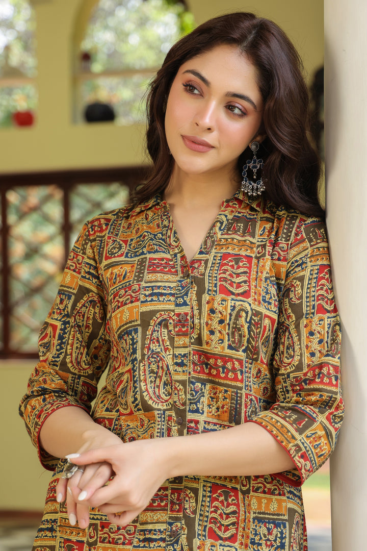 Multicolor Cotton Printed Shirt Collar Kurta Pant Set