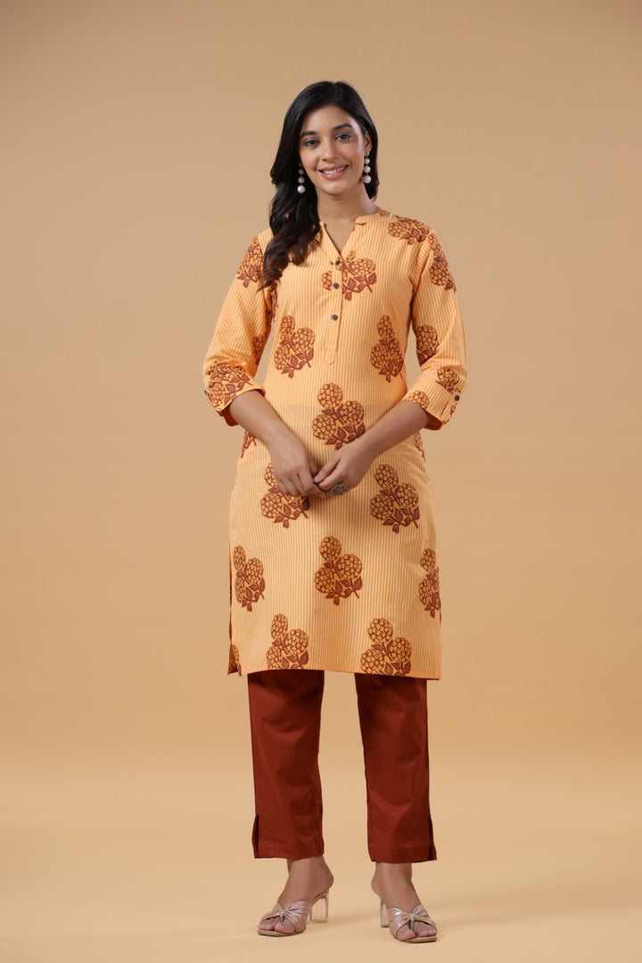 Beige Cotton Printed Straight Kurta Pant Set