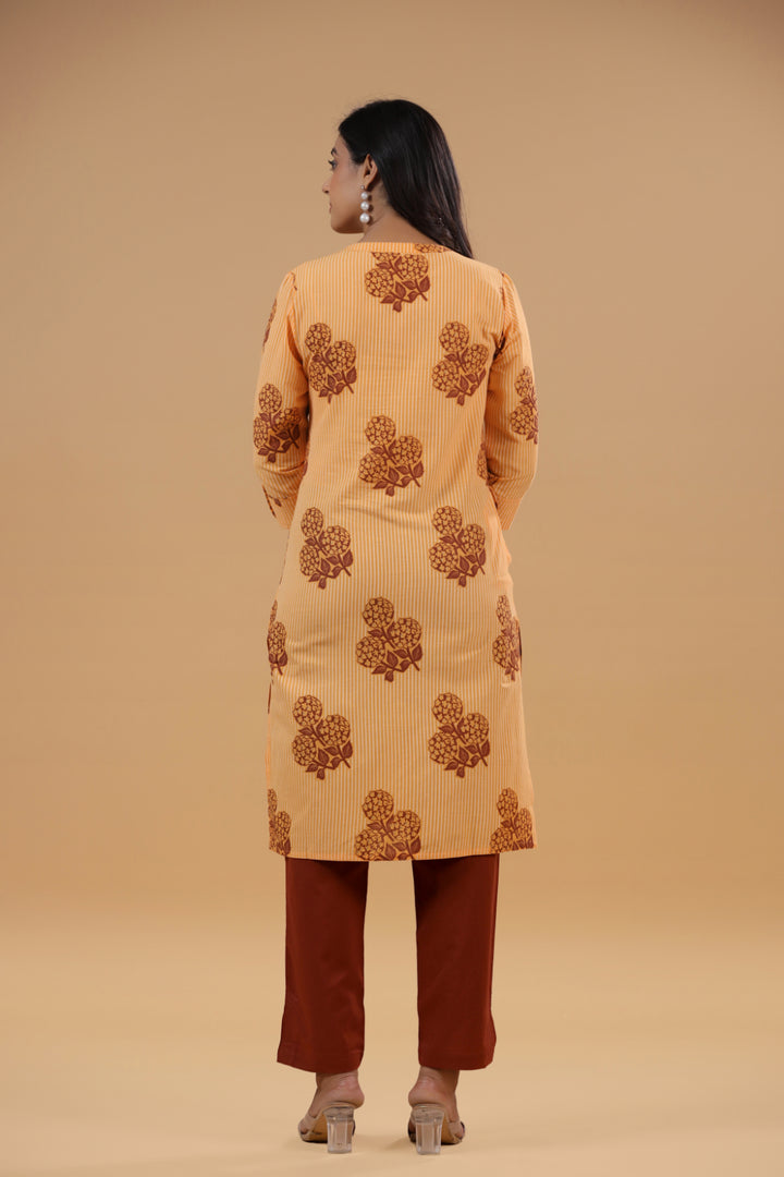 Beige Cotton Printed Straight Kurta Pant Set
