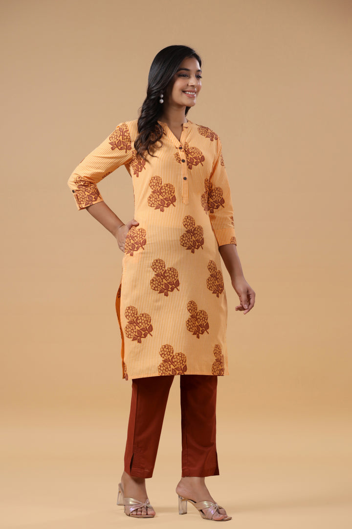 Beige Cotton Printed Straight Kurta Pant Set